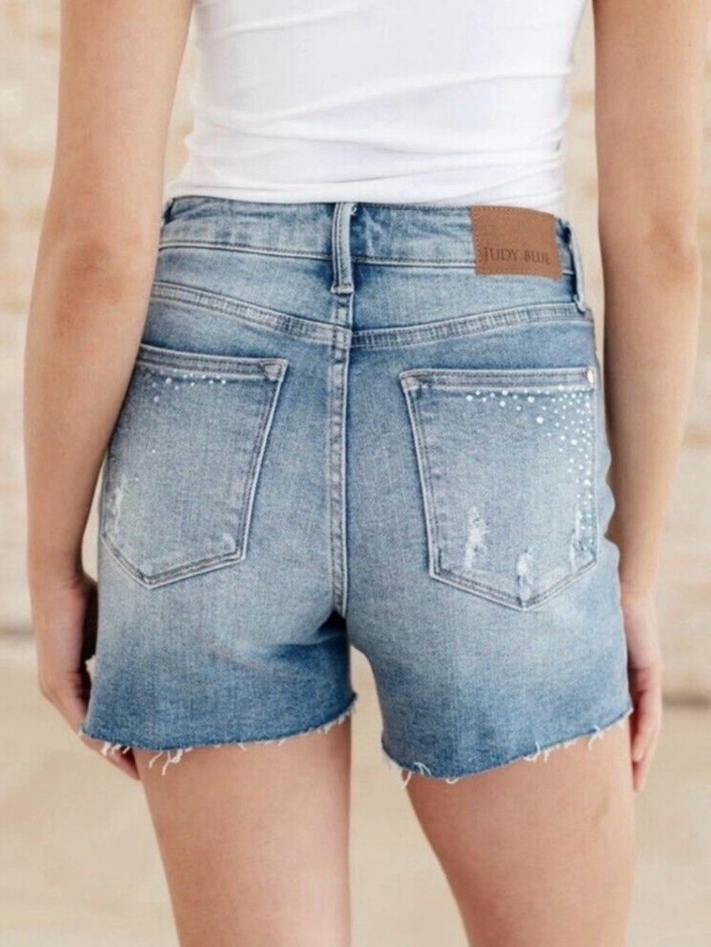Judy Blue Rhinestone Elle Jean Shorts‎ Sz Large High Rise Cutoff Distressed - Picture 3 of 14